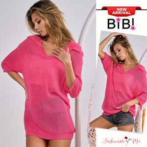 BiBi Short Sleeves Collared Neck Oversized Casual Knit Cover Up Top | Fuchsia